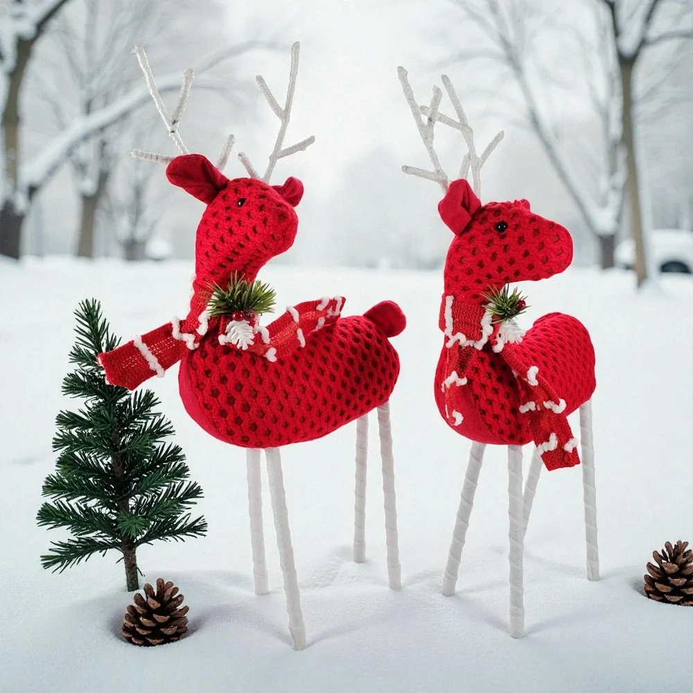 Christmas Holiday Santa's Reindeer, Red Crochet/Scarf, 17 H x 7 L, Set of 2